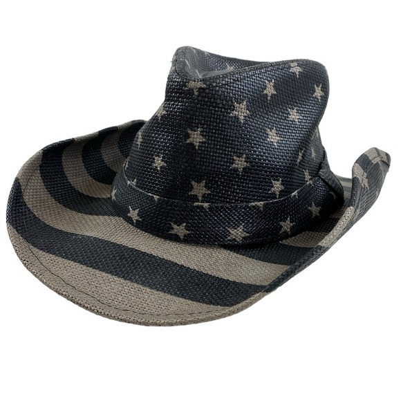 USA Flag Design Cowboy Hat Khaki and Dark Gray Stripes and Stars One Size - Picture 1 of 16